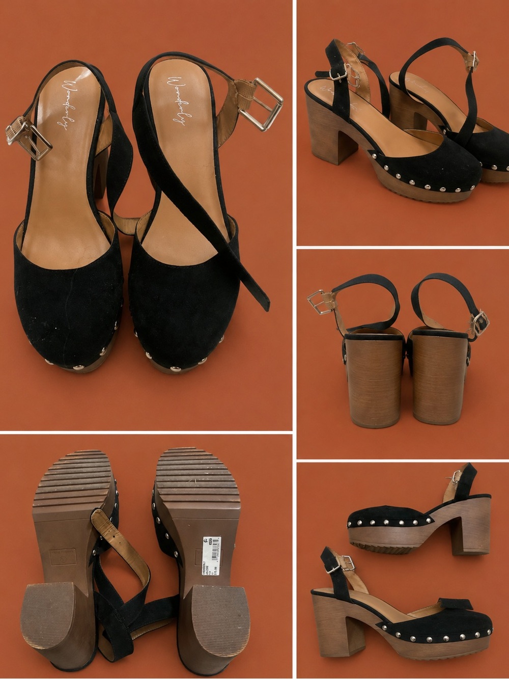 Wonderly Black Suede Studded Platform Clogs SIZE 11 Boho Chic - 70s Festival